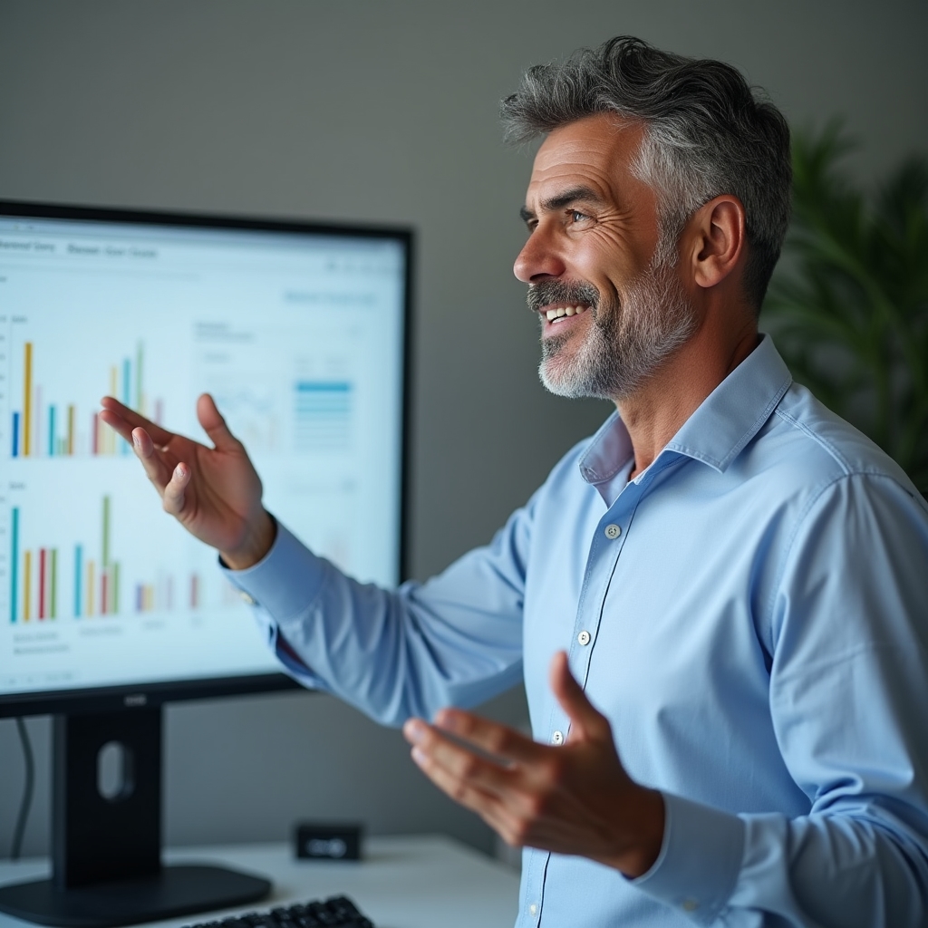 Docente che presenta contenuti formativi su un monitor con grafici e dati